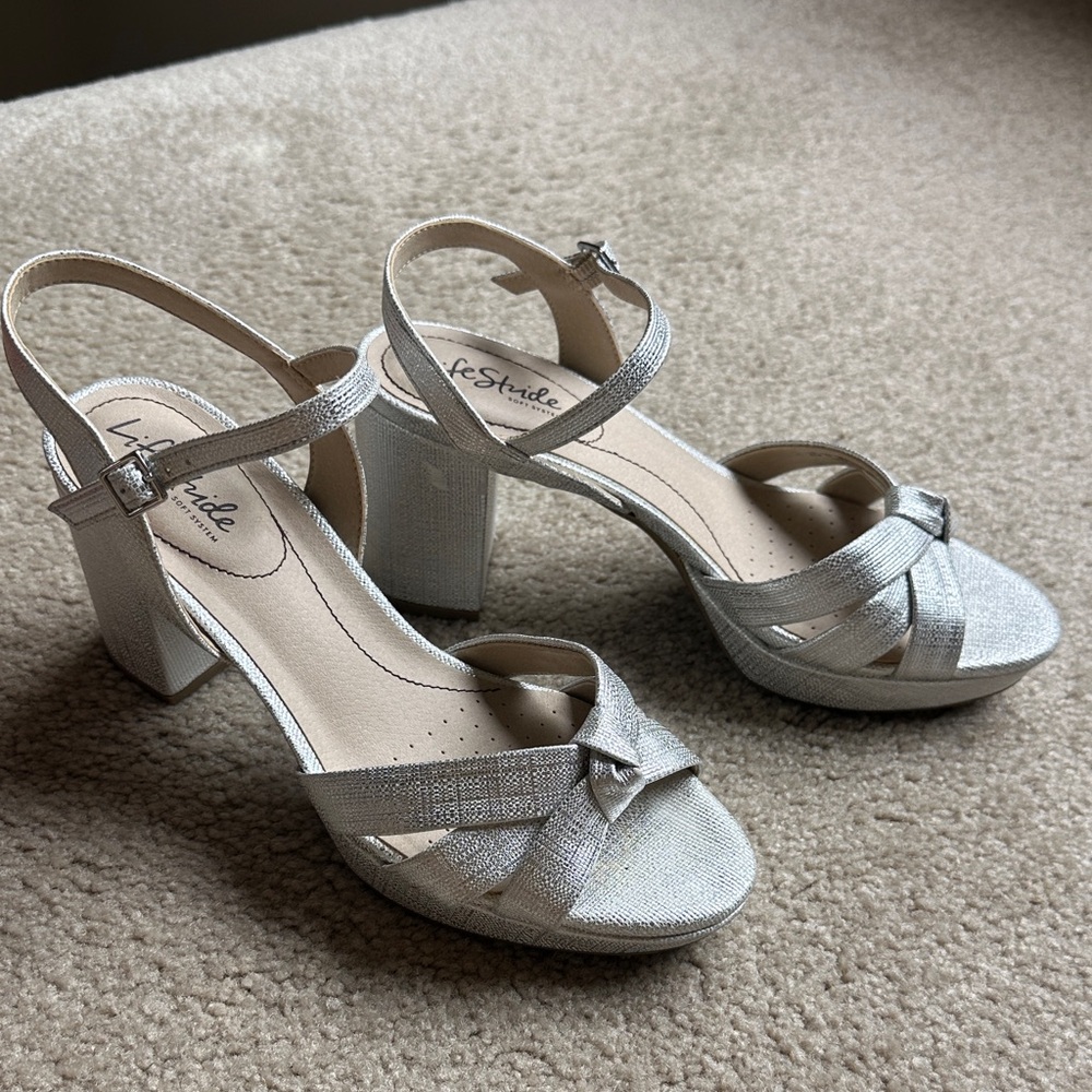 Life Stride Women's Shimmering Silver Block Heels